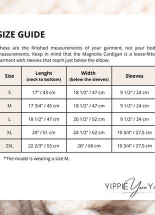 Magnolia Cardigan size guide showing finished garment measurements for sizes S to 2XL.